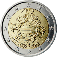 2 euros commemorative coin Belgium 10 years of Euro banknotes and coins 2012