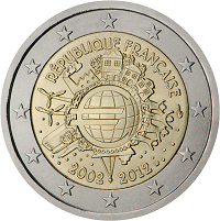 2 euros commemorative coin France 10 years of Euro banknotes and coins 2012