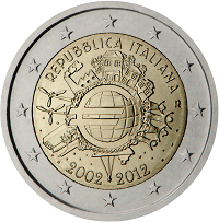 2 euros commemorative coin Italy 10 years of Euro banknotes and coins 2012