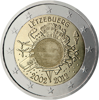 2 euros commemorative coin Luxembourg 10 years of Euro banknotes and coins 2012