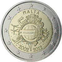 2 euros commemorative coin Malta 10 years of Euro banknotes and coins 2012