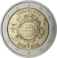 2 euros commemorative coin Netherlands 10 years of Euro banknotes and coins 2012