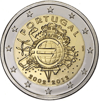 2 euros commemorative coin Portugal 10 years of Euro banknotes and coins 2012