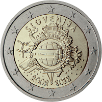 2 euros commemorative coin Slovenia 10 years of Euro banknotes and coins 2012