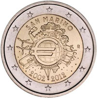 2 euros commemorative coin San Marino 10 years of Euro banknotes and coins 2012