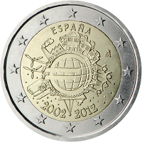 2 euros commemorative coin Spain 10 years of Euro banknotes and coins 2012