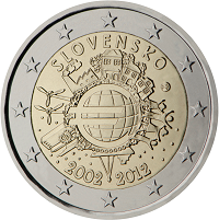 2 euros commemorative coin Slovak 10 years of Euro banknotes and coins 2012