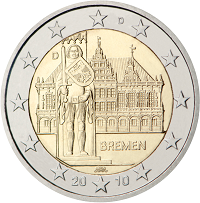 2 euros commemorative coin Germany City Hall and Roland in Bremen 2010