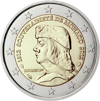 2 euros commemorative coin Monaco Foundation of Monaco's Sovereignty 2012